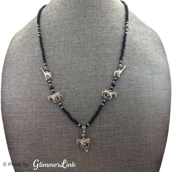 Bohemian Tribal Zebra & Giraffe Charm Black Beaded Silver Tone Necklace - Picture 1 of 8